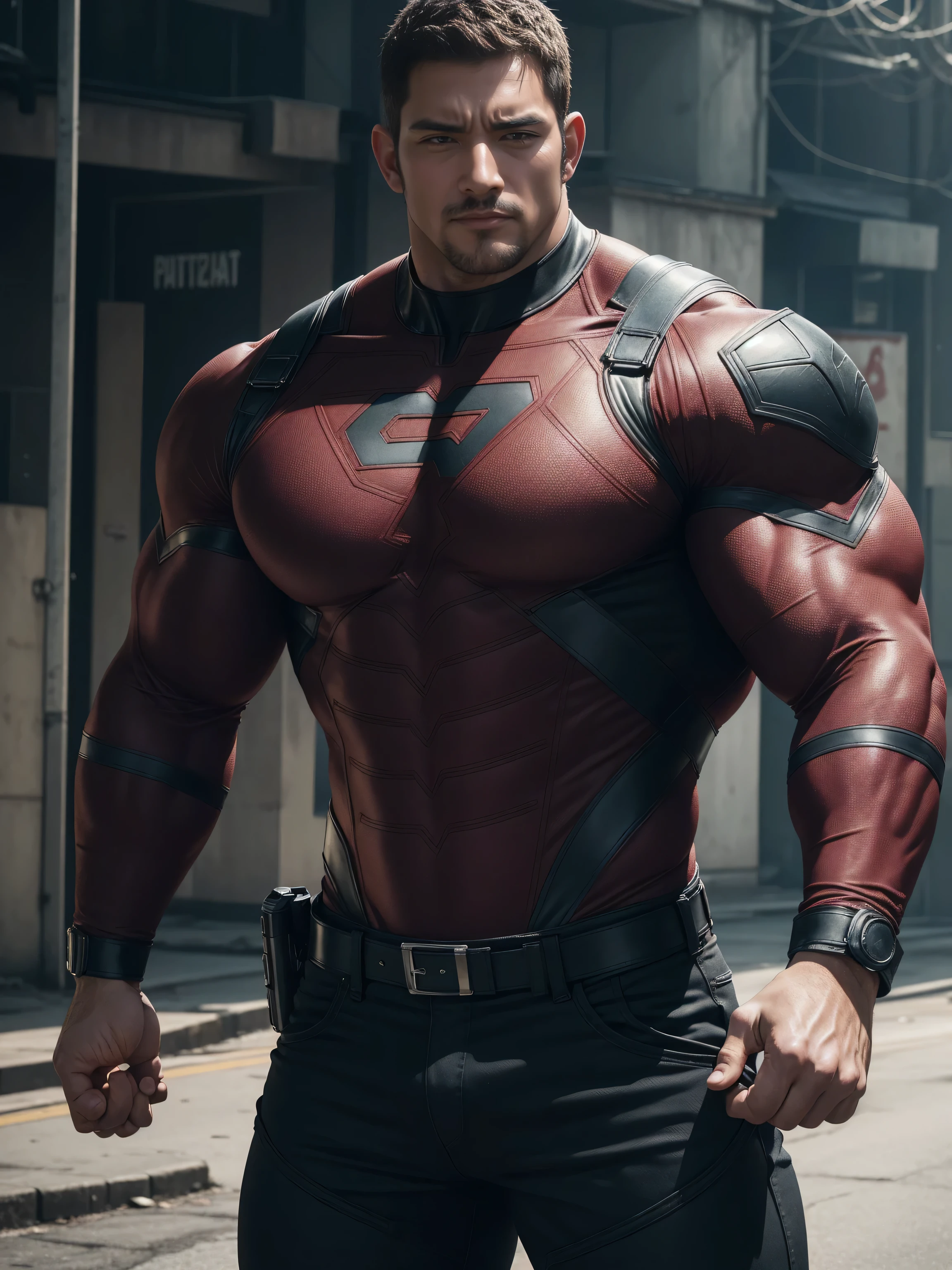 Angry super muscular man, Buzz Cut,On the old-style outdoor street under the hot sun, Wearing long-sleeved dark red superhero Black Panther bodysuit, Dark red denim fabric texture,The expression is arrogant, Thick thighs, Messy hair, Thick thighs, High collar, long sleeves, dark red superhero bodysuit, very tight, Regular symmetrical pattern, Highlight muscles, Police uniform pants, character concept(Resident Evil - Chris Redfield, Chris Redfield)A proud expression, Deep and charming eyes, Heroic male pose, tall Burly, muscular!muscular thighs, tough guy, perfect facial features, High, Burly, Heqiang, Super polished and cool, High Resolution Committee, Charismatic, The sun is blazing, dazzling