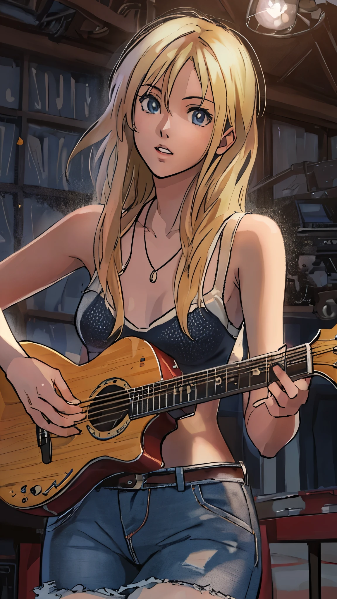 (highest quality,4K,8K,High resolution,table top:1.2), Super detailed, (realistic,photorealistic,photo-realistic:1.37), ((full body)),rage, Unfortunate,((blonde hair)), ((long hair)),black camisole, damaged denim jeans,necklace,((playing-the-guitar)),((sing-a-song)),beautiful and detailed eyes, beautiful detailed lips, highly detailed eyes and face, long eyelashes, realistic anime 3D style, Smooth anime CG art, Digital rendering by Makoto Shinkai, Moe anime art style, photorealistic rendering of an anime girl, Shinkai Makoto style, Cute anime girl visuals, realistic young anime girl, girl fan art, Created by Anime Artist&#39;studio of.