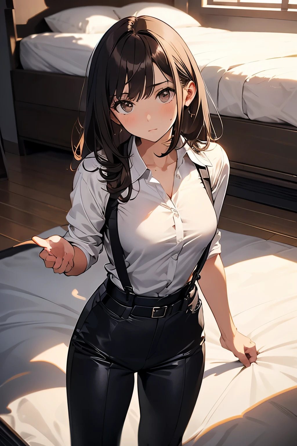 Brown Hair、Staring at the audience　　　Black suspenders　　　bulging big breasts　　 　 　　　wall: 　Black pantsuit　　　　　　sight　　　Small face　 　　　holster　　　Beautiful woman　　Show your hand　　 Lying in bed　　sight 　　Taunt　side　side汗 　arm　Dress shirt　Black Suit　belt