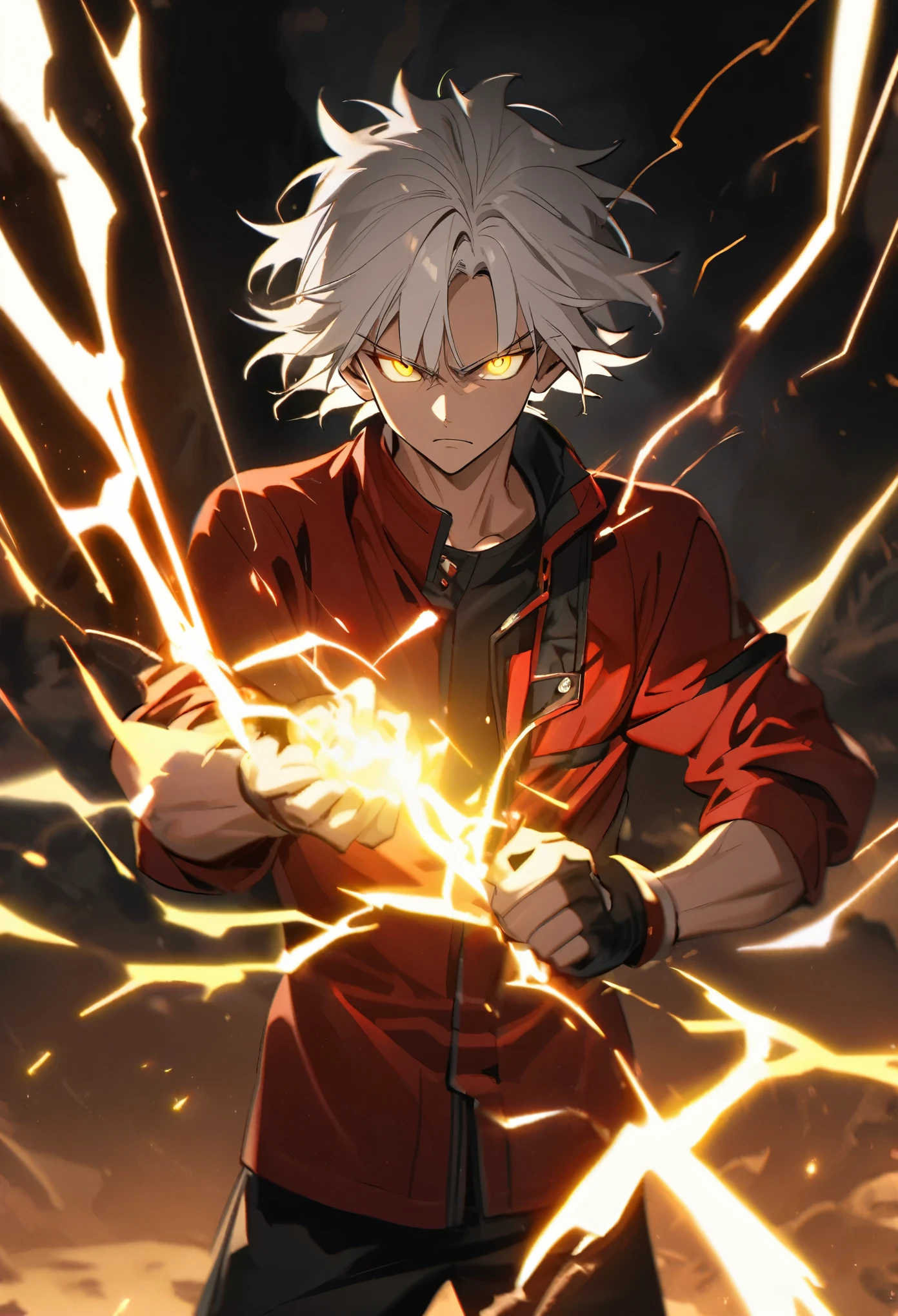 man, 22 years, tall, short messy hair, white hair, yellow glowing electric eyes, electricity flowing in his arms, black and red jacket, fingerless gloves, fancing his own hands, black shorts, serious face, standing and calm pose, cowboy shot
