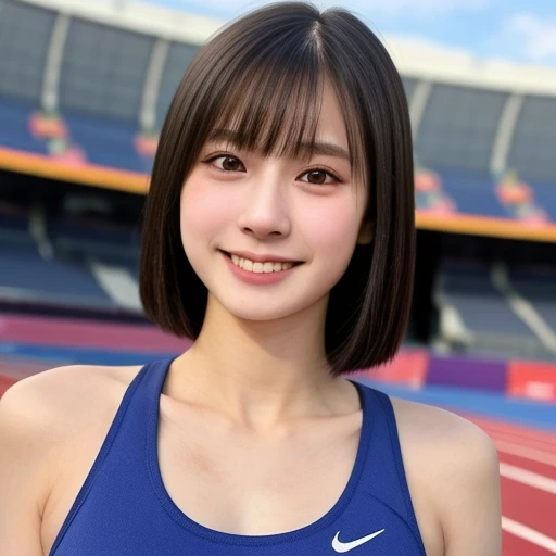 (kawaii 24 year-old Japanese girl, Nogizaka idol, Korean idol, track and field player), healthy female athlete body, glossy black hair, (very short hair, bangs:1.2), beautiful black eyes, rounded face, single eyelid, (no makeup:1.2), (big laughing), (training t-shirt:1.3), extra small breasts, BREAK, (track and field stadium  background:1.2), (dynamic angle and posing, bust shot:1.2), BREAK, (masterpiece, best quality, photo realistic, official art:1.4), (UHD, 8K quality wallpaper, high resolution, raw photo, golden ratio:1.3), (shiny skin), professional lighting, physically based rendering, award winning, (highly detailed skin texture, extremely detailed face and eyes textures), Carl Zeiss 85 mm F/1.4, depth of field, (1girl, solo),