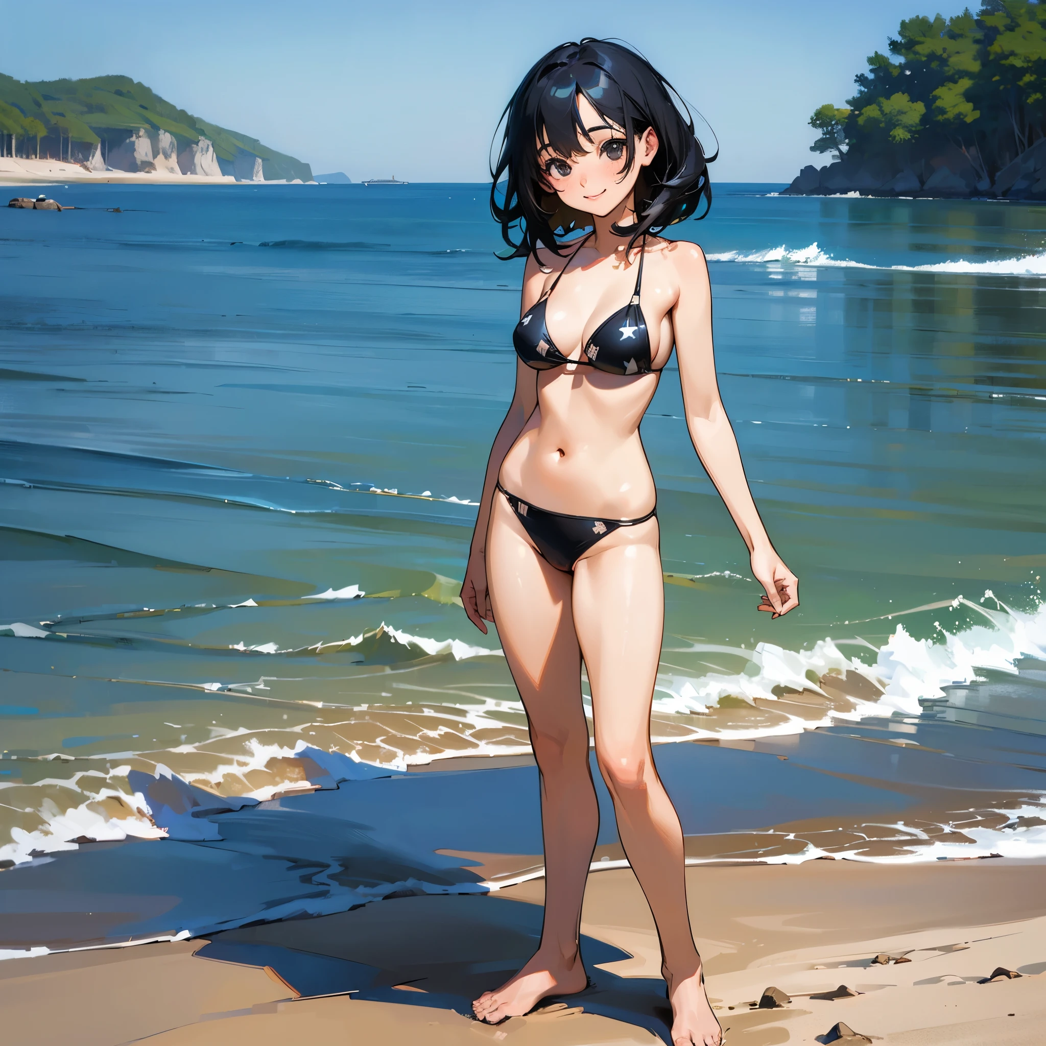 (high quality, High resolution, Very detailed, reality:1.37), Peaceful atmosphere, (Sandy Beach),  girl standing alone, (my breasts are big.), Beautiful details, Cute Smile, (Black bob hair), Bikini Swimwear, barefoot.