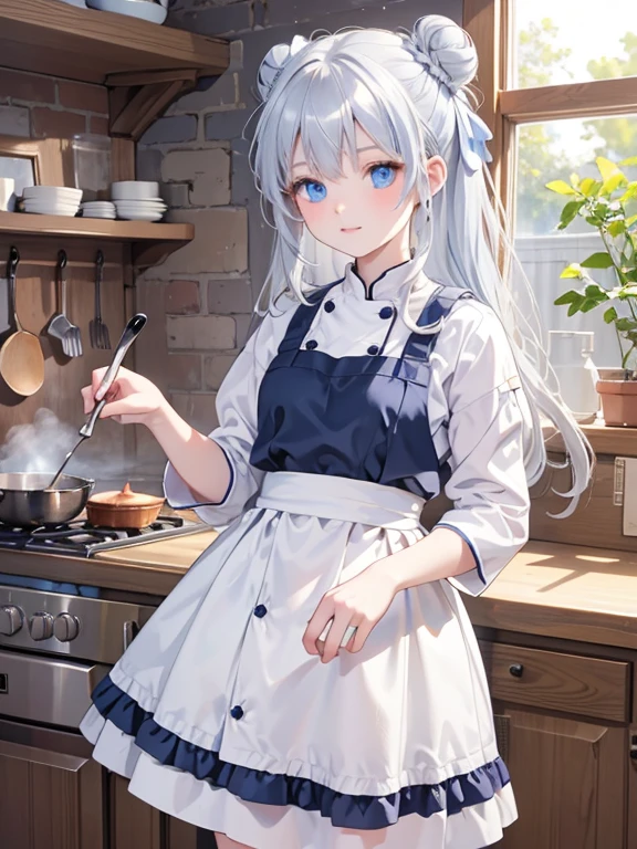 masterpiece, highest quality, Very detailed, 16k, Ultra-high resolution, 12-year-old girl, Detailed face, blue eyes, Silver Hair, Bun Hair, Chef's hat, White apron, France, bakery, Inside the store, There are countless breads around, Carrying bread with both hands