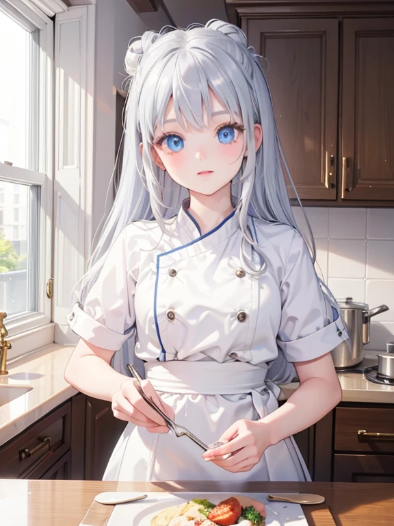 masterpiece, highest quality, Very detailed, 16k, Ultra-high resolution, 12-year-old girl, Detailed face, blue eyes, Silver Hair, Bun Hair, Chef's hat, White apron, France, bakery, Inside the store, There are countless breads around, Carrying bread with both hands