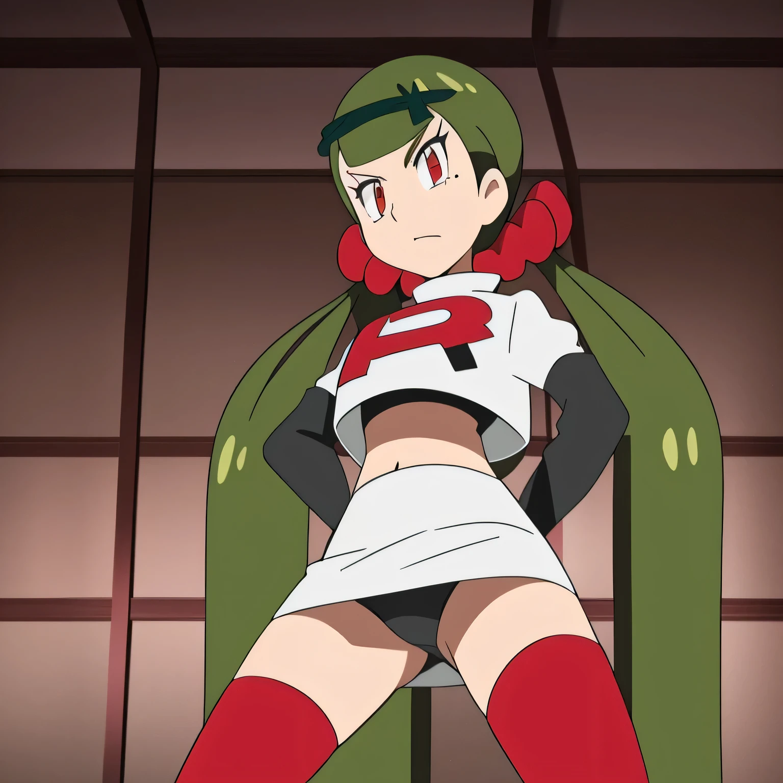 ((team rocket uniform,red letter r,white skirt,white crop top,black thigh-high boots,black elbow gloves,evill vilainess look,looking at viewer,hands on hips,from below)),(best quality,4k,8k,highres,masterpiece:1.2),ultra-detailed,(realistic,photorealistic,photo-realistic:1.37),((HDR,UHD,studio lighting,extreme detail description,professional,portraits,red color scheme,dramatic lighting)),{{sexy squat on toilet, spread legs,black panties,harukawa maki, long hair, bangs, brown hair, black hair, hair ornament, (red eyes:1.5), twintails, very long hair, hairclip, blunt bangs, mole under eye, low twintails, scrunchie, hair scrunchie, red scrunchie,,UHD}}
