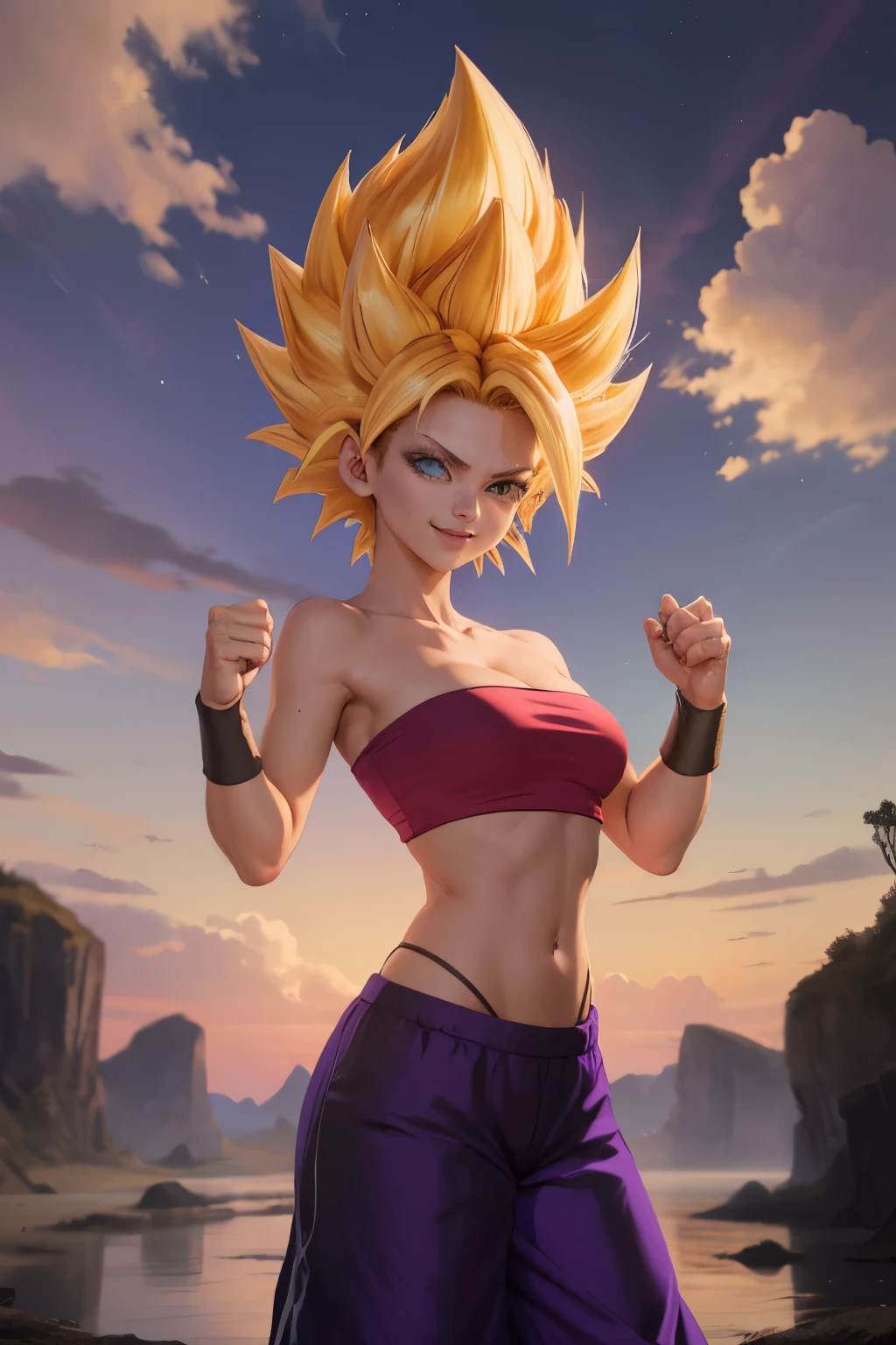 masterpiece, best quality, ssjcaulifla, white hair, water eyes, tube top, (purple pants with yellow stripe:1.2), armbands, cowboy shot, looking at the sky , smile, furrowed eyebrow, red sky, black clouds, fighting pose, yellow aura