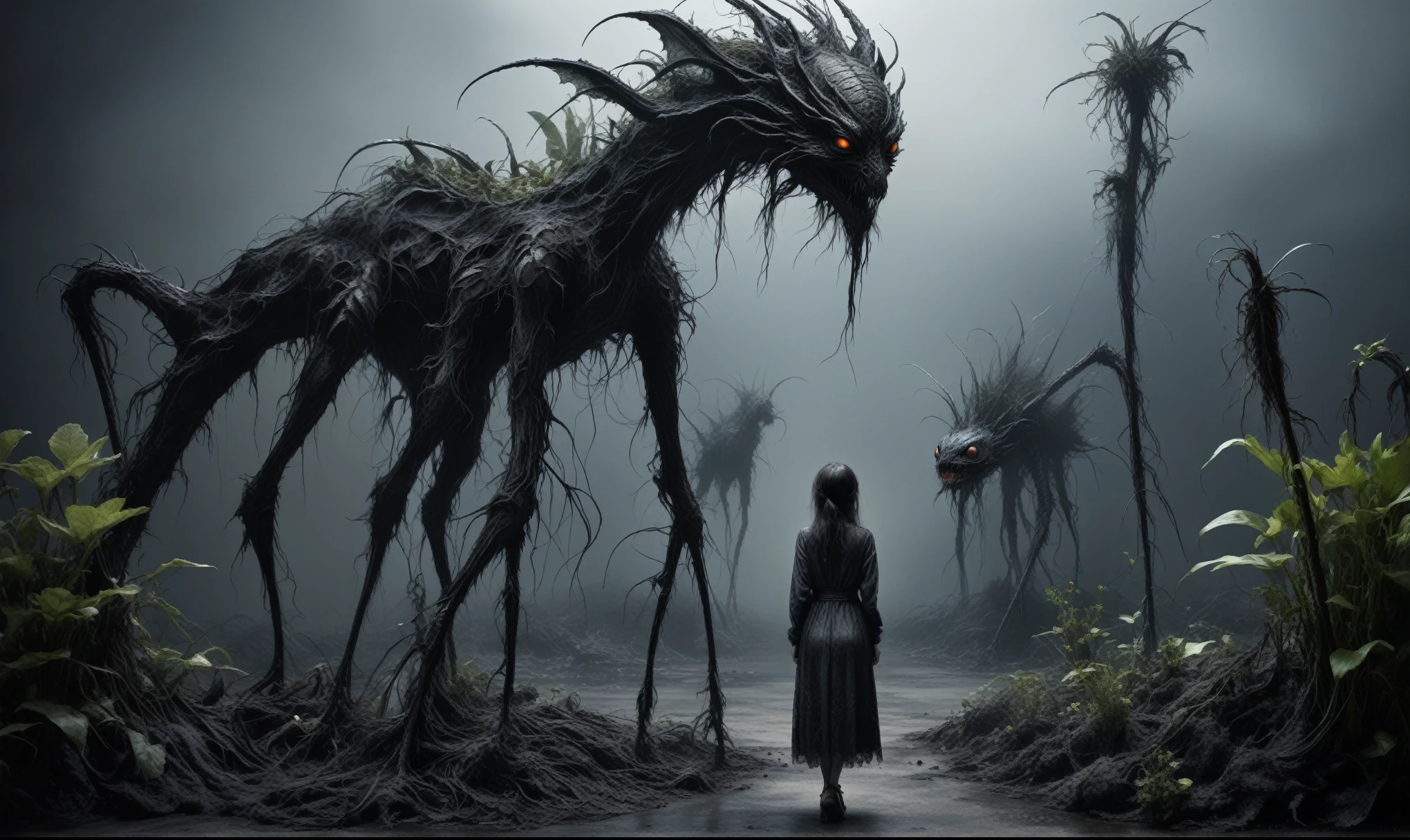 Quentin Blake Style Photography - Surreal、1、hight resolution、Beautiful fece、top-quality、masterpiece、ighly detailed,full body length,once pretty,full body,bailong plant girl made of dead plants,a girl made of charcoal plants,charcoal The Alien Entity,ominous landscape, niobium graphite atmosphere,dangerous atmosphere,intricate details,realistic graphite skin,extremely intricate details,Epic Realistic,At night, light shone on her,anatomically correct,eyes extremely detailed, high detailed eyes,UHD,Retina,HDR,Technicolor,natural skin textures, hyper realism, hyper detailed,High contrast,Realism,Ultra Detailed,irina yermolova,close full body shot, masterpiece,faded,8k resolution,RAW, Nikon Z9,pixie,nicola samori,ominous dragon wing,spider