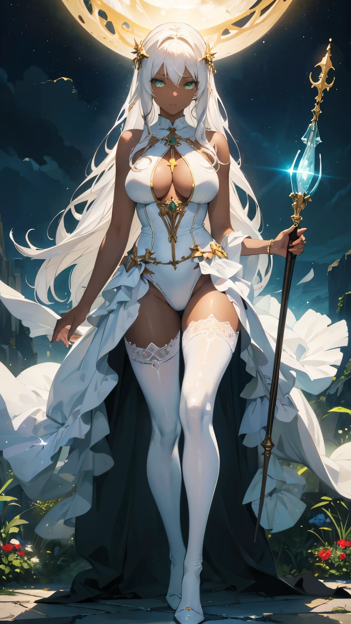((masterpiece, best quality)), Detailed face,Magician,Holding a staff,Full body painting,Perfect body proportions,Large Breasts,Long legs,dark skin,White hair,Green Eyes,Long wavy hair,beautiful eyes,Fantasy style,extremely beautiful,White background,sun,Holy Light,outdoor,transparent,Sex bikini,Lace,Pantyhose,exposed,Star decoration