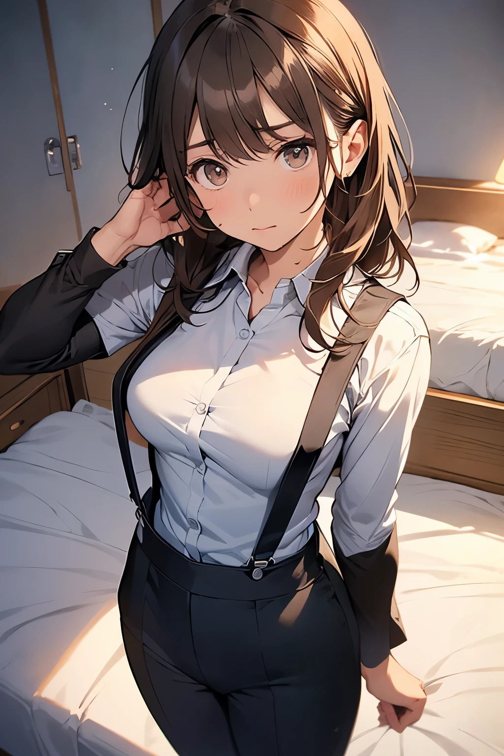 Brown Hair、Staring at the audience　　　Black suspenders　　　bulging big breasts　　 　 　　　wall: 　Black pantsuit　　　　　　sight　　　Small face　 　　　holster　　　Beautiful woman　　Show your hand　　 　sight 　　Taunt　side　sideSweat 　arm　Dress shirt　Black Suit　ベルト wall際　Put your hands up　Both hands above head　脇Sweat　On the bed　Sweat　summer　mask