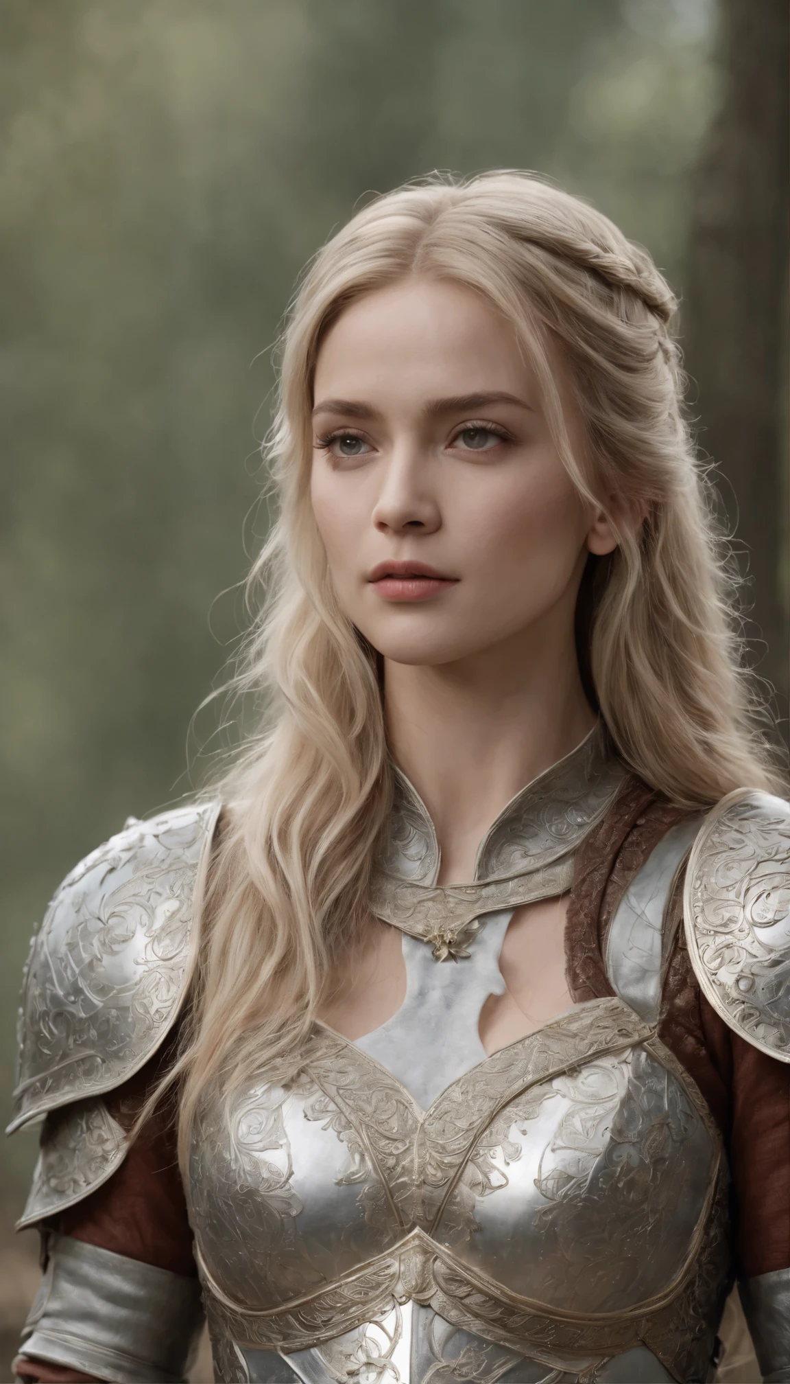 A scene from a movie,A beautiful woman in silver armor,30歳のブロンドのヨーロッパ人女性のphotograph、masterpiece、born、beautiful、(Very long wavy blonde hair)、(High contrast:1.4)、((Detailed face:1.2))、((Detailed faceの特徴:1.3))、(Fine facial details:1.2) Photorealistic、photograph、(8k:1.2)、Ultra-high resolution、(Intricate details:1.3)、(Super Detail:1.2)、(Detailed cloth texture:1.3)、 (armor〈James McDonald)Realistic images