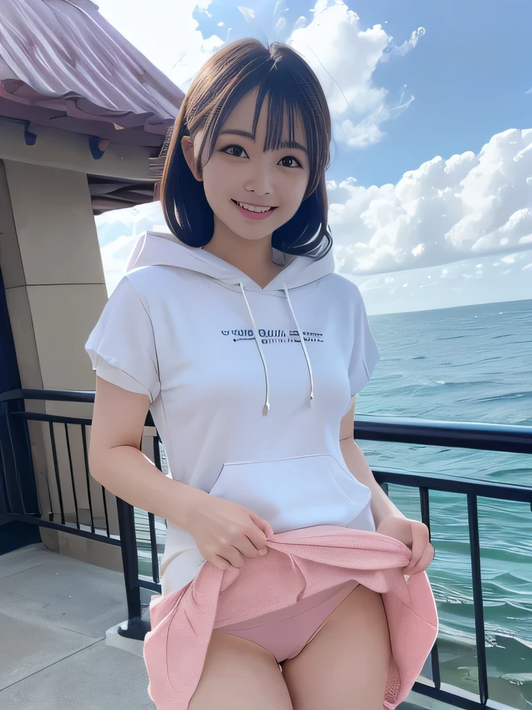 Browsing Caution,highest quality,Great details,Ultra-high resolution,Japanese actress,{2 people,2 people group},smile,{Short sleeved white hoodie,Pink Skirt},Transparent pants,(crowd, Ocean),The wind blows up my skirt