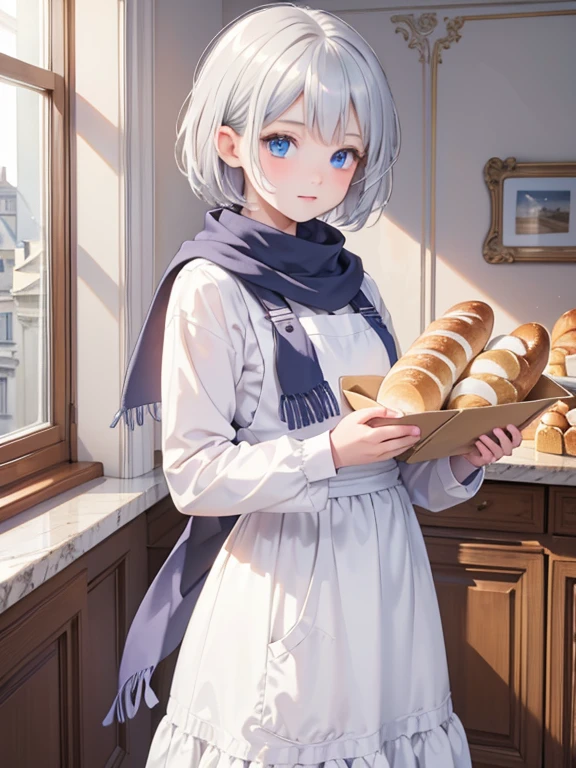 masterpiece, highest quality, Very detailed, 16k, Ultra-high resolution, -yeld gi Detailed face, blue eyes, Silver Hair, short hair, Triangle scarf, White apron, France, bakery, Inside the store, There are countless breads around, Carrying bread with both hands