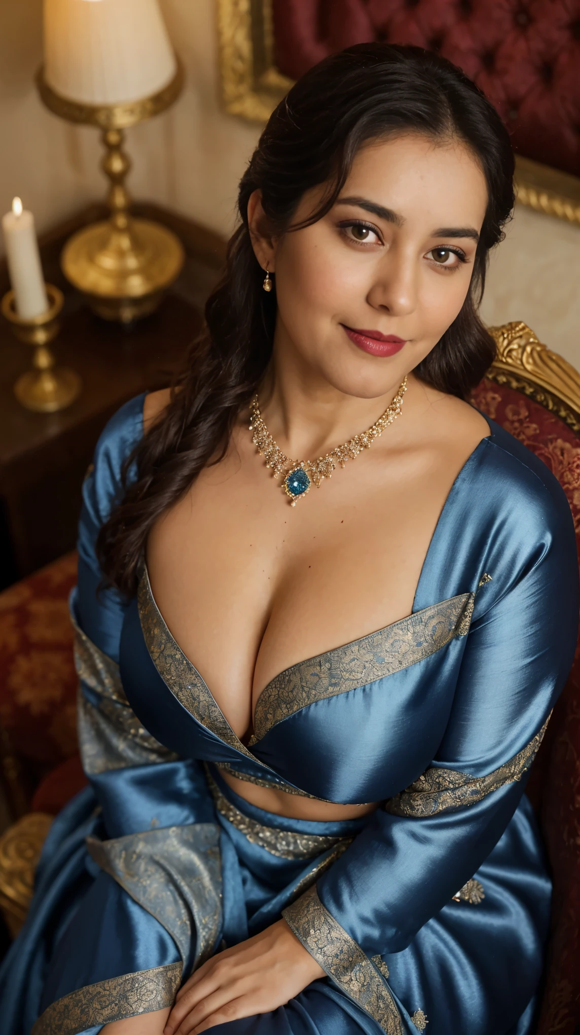 night scene, extreme close up photo of 30 years old naked rashi from top view, hourglass figure, swooping breasts, deep cleavage, curvy, open arms, sexy armpits, seductive eyes, look at viewer and subtle smile, royal pose on throne, necklace, nipples, royal blue satin silk curtain, red lips, sultry, French braid hair, 4K, HD