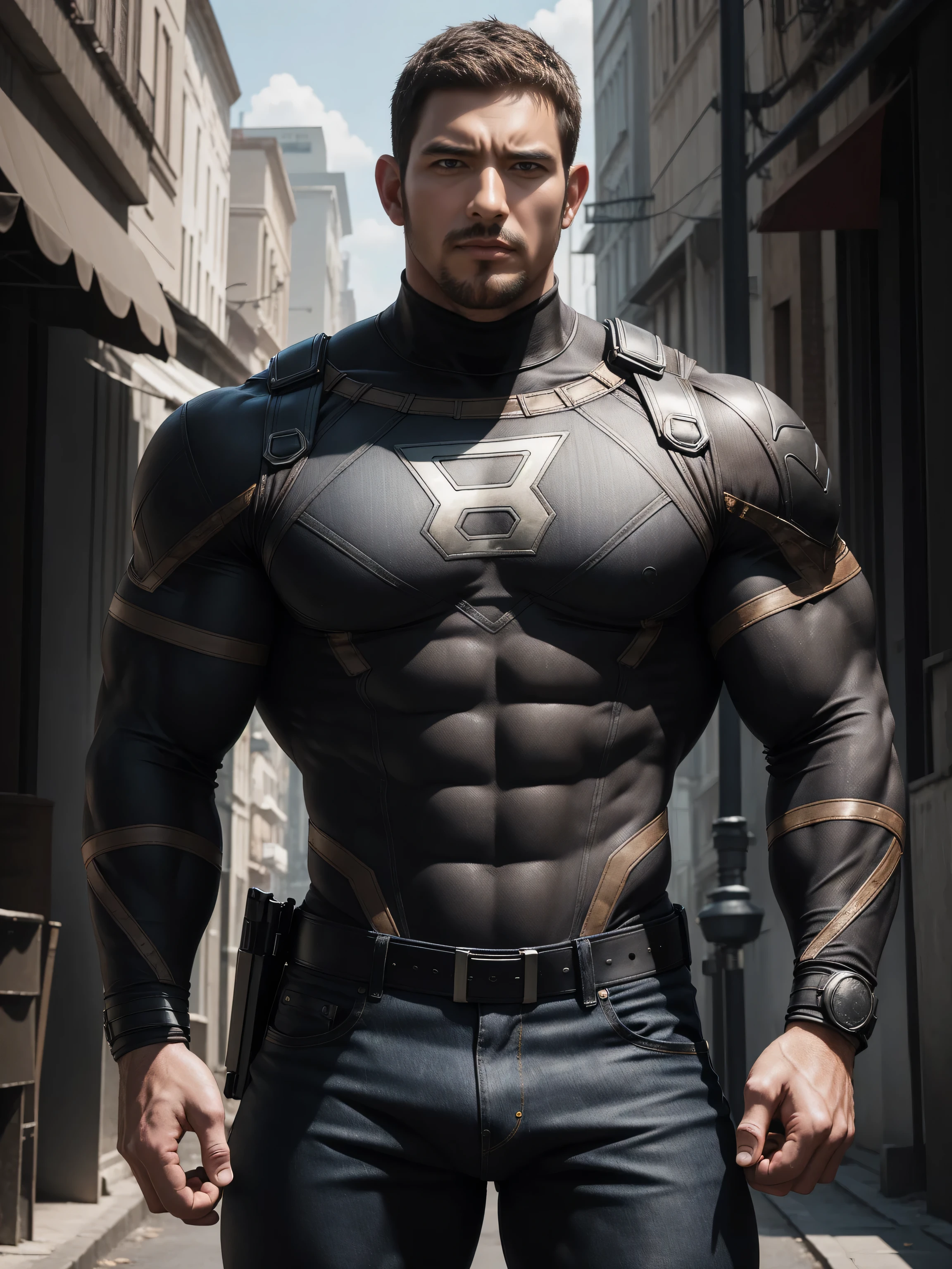 Angry super muscular man, Buzz Cut,On the old-style outdoor street under the hot sun, Wear long-sleeved dark brown superhero Black Panther bodysuit, Dark brown denim fabric texture,The expression is arrogant, Thick thighs, Messy hair, Thick thighs, Turtleneck Long Sleeve Dark Brown Superhero Bodysuit, very tight, Regular symmetrical pattern, Highlight muscles, Police uniform pants, character concept(Resident Evil - Chris Redfield, Chris Redfield)A proud expression, Deep and charming eyes, Heroic male pose, tall Burly, muscular!muscular thighs, tough guy, perfect facial features, High, Burly, Heqiang, Super polished and cool, High Resolution Committee, Charismatic, The sun is blazing, dazzling
