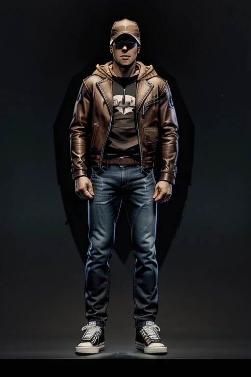 Man in hoodie brown leather jacket on top and darkened face cap and jeans and converse sneakers Heroic Presence Serious and strong pose Standing