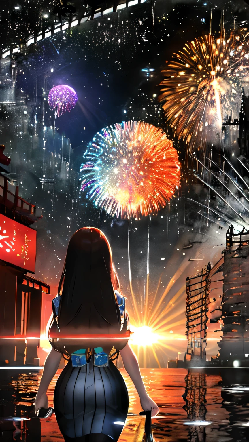 masterpiece, highest quality,  Night view、Summer festival、firework