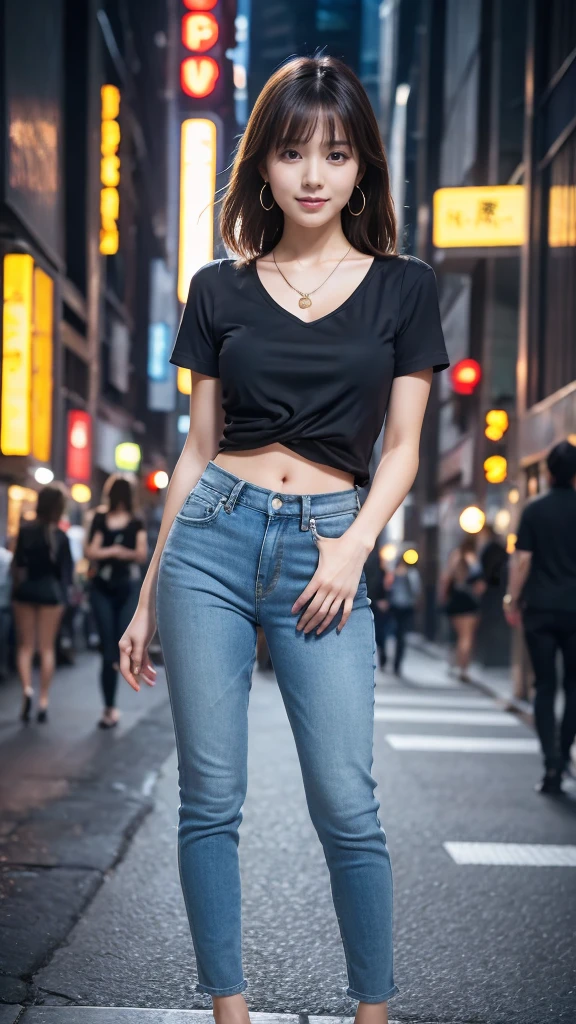 1girl, realistic, solo, (8k, best quality, masterpiece:1.2), best quality, 20years old, pretty women, cute, high detail RAW color photo, professional photograph, highly detailed background, cute girl, shiny skin, slender body, dark blown hair, smile, beautifully detailed eyes, famous Japanese idol, kawaii, necklace, earrings, full body, neon city, night city, neon sign, dynamic lighting, beautiful legs, looking at viewer, Raking up hair, skiny pants, shirts, model pose,