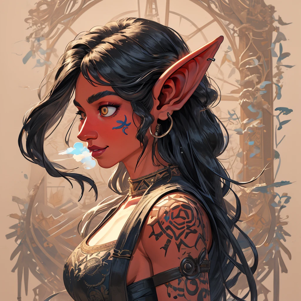 Create an illustrated, hand-drawn, full-color masterpiece with warm lighting and shadows. Incorporate graphite shading, stencil marks, and airbrushed acrylic paint in the style of "Breath of the Wild." The image should feature a beautiful goblin woman with a humanoid, furry appearance and large ears shaped like those of an elephant. She has red skin, bright eyes, luscious thick fleshy lips, and a wide smile. Depict her with a perfect, symmetrical face and a curvy hourglass figure with large breasts. Her face, neck, and arms are covered in intricate blue tattoos, adding a mythic beauty to her. She is wearing a long, flowing, lacey dress with a high neck and long billowing skirts. The background should be detailed and sharp, adding to the overall high-resolution, best quality, and detailed art piece.