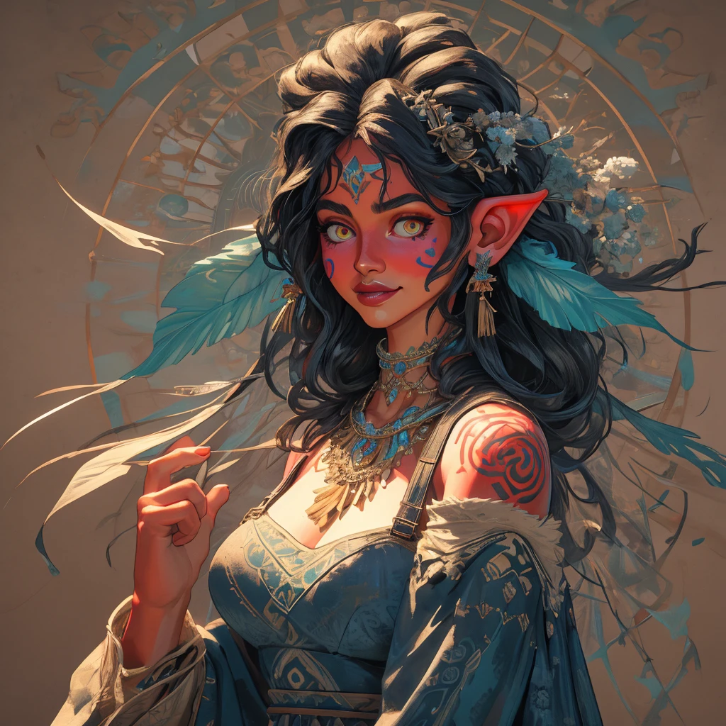 Create an illustrated, hand-drawn, full-color masterpiece with warm lighting and shadows. Incorporate graphite shading, stencil marks, and airbrushed acrylic paint in the style of "Breath of the Wild." The image should feature a beautiful goblin woman with a humanoid, furry appearance and large ears shaped like those of an elephant. She has red skin, bright eyes, luscious thick fleshy lips, and a wide smile. Depict her with a perfect, symmetrical face and a curvy hourglass figure with large breasts. Her face, neck, and arms are covered in intricate blue tattoos, adding a mythic beauty to her. She is wearing a long, flowing, lacey dress with a high neck and long billowing skirts. The background should be detailed and sharp, adding to the overall high-resolution, best quality, and detailed art piece.



