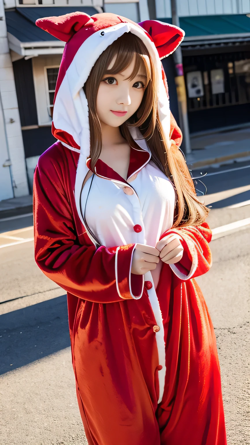 Kigurumi Costume Pajamas、 Big 、A cute 15-year-old girl with a  and cute look, beautiful and  face、A strong wind blows my hair in front of my face、With straight blonde hair、beautiful, Cute and  eyes hidden behind long bangs、Costume pajamas
