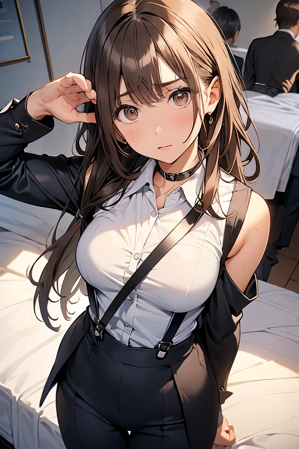 Brown Hair、Staring at the audience　　　Black suspenders　　　bulging big breasts　　 　 　　　wall: 　Black pantsuit　　　　　　sight　　　Small face　 　　　holster　　　Beautiful woman　　Show your hand　　 　sight 　　Taunt　side　sideSweat 　arm　Dress shirt　Black Suit　ベルト wall際　Put your hands up　Both hands above head　脇Sweat　On the bed　Sweat　summer　mask