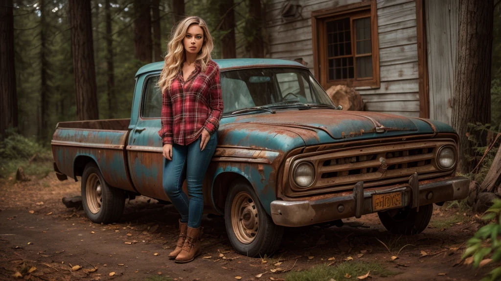 cabin in the woods, front porch, wood pile, rusty truck on cinderblocks, dense trees, dark woods, Beautiful woman, plaid long-sleeved flannel shirt, long wavy blonde hair,