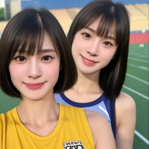 (kawaii 24 year-old Japanese girl, Nogizaka idol, Korean idol, track and field player), healthy female athlete body, glossy black hair, (very short hair, bangs:1.2), beautiful black eyes, rounded face, single eyelid, (no makeup:1.2), (big laughing), (training t-shirt:1.3), extra small breasts, BREAK, (track and field stadium background:1.2), (dynamic angle and posing, bust shot:1.2), BREAK, (masterpiece, best quality, photo realistic, official art:1.4), (UHD, 8K quality wallpaper, high resolution, raw photo, golden ratio:1.3), (shiny skin), professional lighting, physically based rendering, award winning, (highly detailed skin texture, extremely detailed face and eyes textures), Carl Zeiss 85 mm F/1.4, depth of field, (1girl, solo),