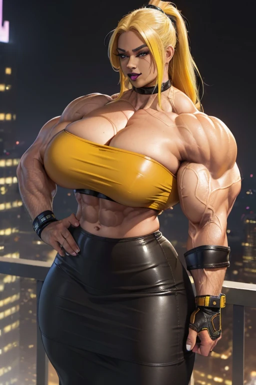 ((((Massive, beautiful, buff, light brown skinned, muscular woman with yellow hair, black lipstick, ginormous bulky muscles and wearing a cropped strapless black leather top and black leather pencil skirt)))), (close view), leather pants, massive muscles, massive biceps, hyper muscle triceps, (long flowing hair), leather pencil skirt, gray eyes, wristband, chained belts, high heels boots, top of a dark skyscraper, night, smug smirk, hyper muscles arms, hyper muscle legs, massive arms.