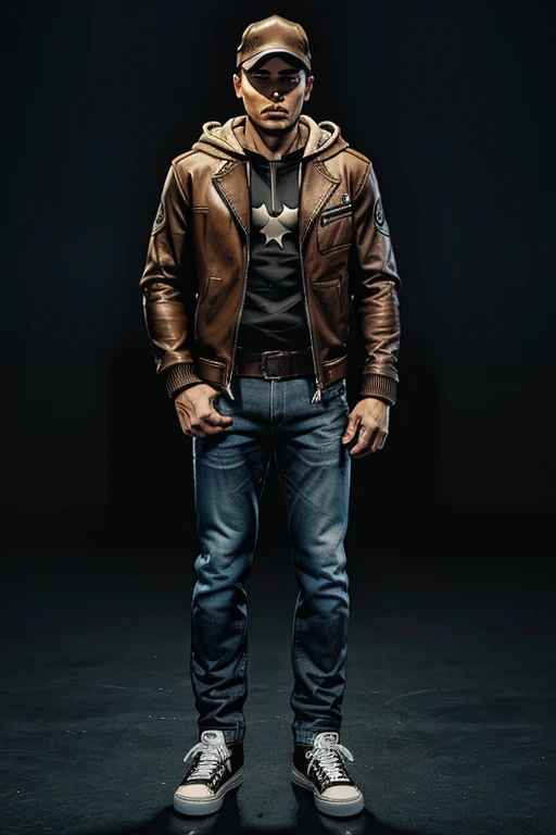 Man in hoodie brown leather jacket on top and darkened face cap and jeans and converse sneakers Heroic Presence Serious and strong pose Standing