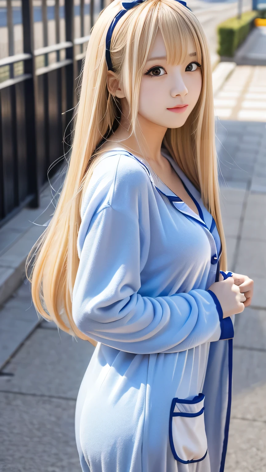 Kigurumi Costume Pajamas、Sexy Big 、A cute 15-year-old girl with a sexy and cute look, beautiful and sexy face、A strong wind blows my hair in front of my face、With straight blonde hair、beautiful, Cute and sexy eyes hidden behind long bangs、Costume pajamas
