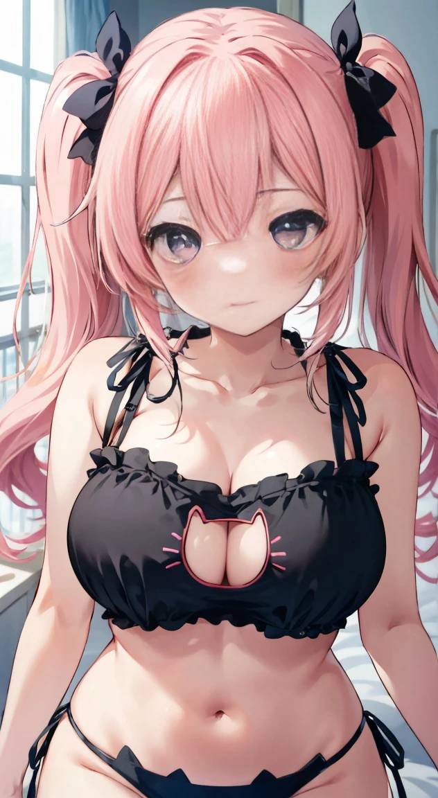 side tie panties,ribbon good, ribbon panties,cat bra, lace panties,twin tails,blush, full-face blush,masterpiece, highest quality, (anime screencap:1.3),(shape), cute,(simple:1), (anime:1.2),Solo Sharp Focus, 1 girl, cleavage,looking at the viewer,, Are standing,,room,bed,((pink color underwear)),big breasts,beautiful bust,beautiful hips,emphasize the chest,((cat lingerie))twintails hair,leaning forward,
puffy eyes,sparkling eye,happy smile,