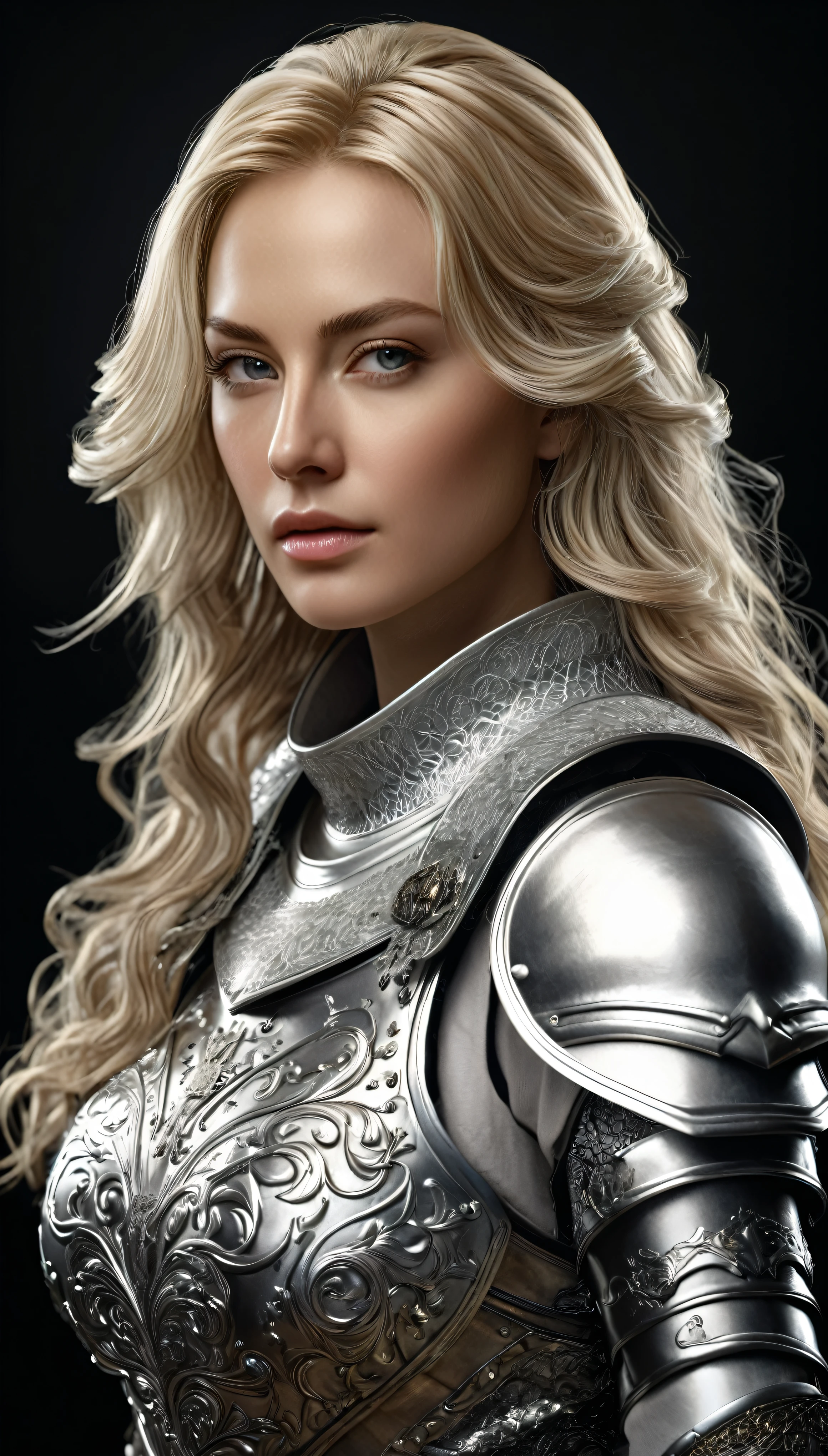 A beautiful woman in silver armor,Photograph of a 30 year old blonde European woman、masterpiece、born、beautiful、(Very long wavy blonde hair)、(High contrast:1.4)、((Detailed face:1.2))、((Features of Detailed face:1.3))、(Fine facial details:1.2) Photorealistic、photograph、(8k:1.2)、Ultra-high resolution、(Intricate details:1.3)、(Super Detail:1.2)、(Detailed cloth texture:1.3)、 (armor〈James McDonald)Realistic images