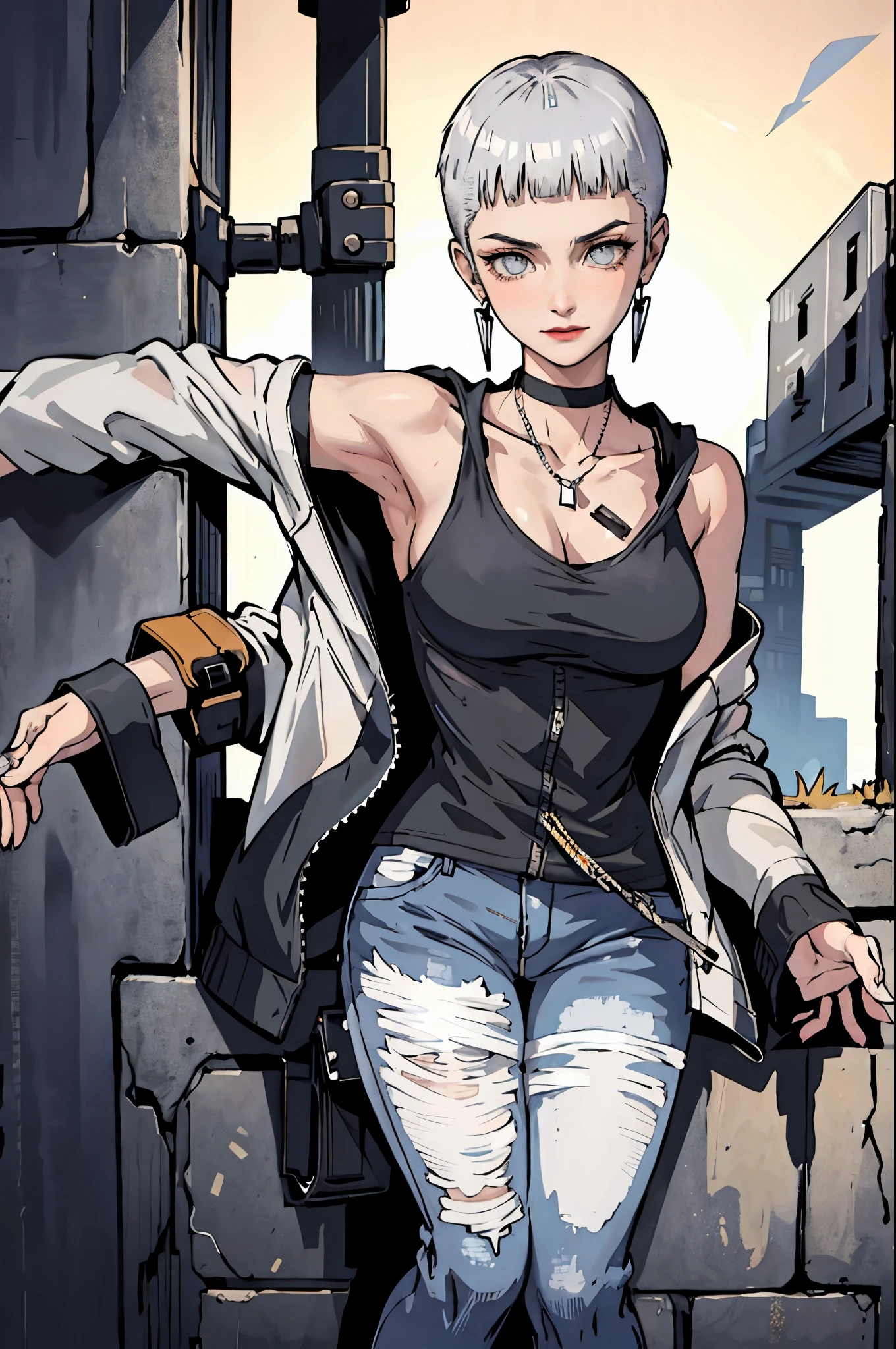 (masterpiece:1.2、top-quality), (1lady、solo、The upper part of the body:1.2), The hair:buzzcut, garments:Oversized distressed denim jacket with patches and pins、paired with black skinny jeans and combat boots、 accessory:Silver Hoop Earrings and Black Choker Necklace、Mohawk cuts hanging out at underground music venues and street art exhibits、Stockings black、Show the armpits、fully body photo、