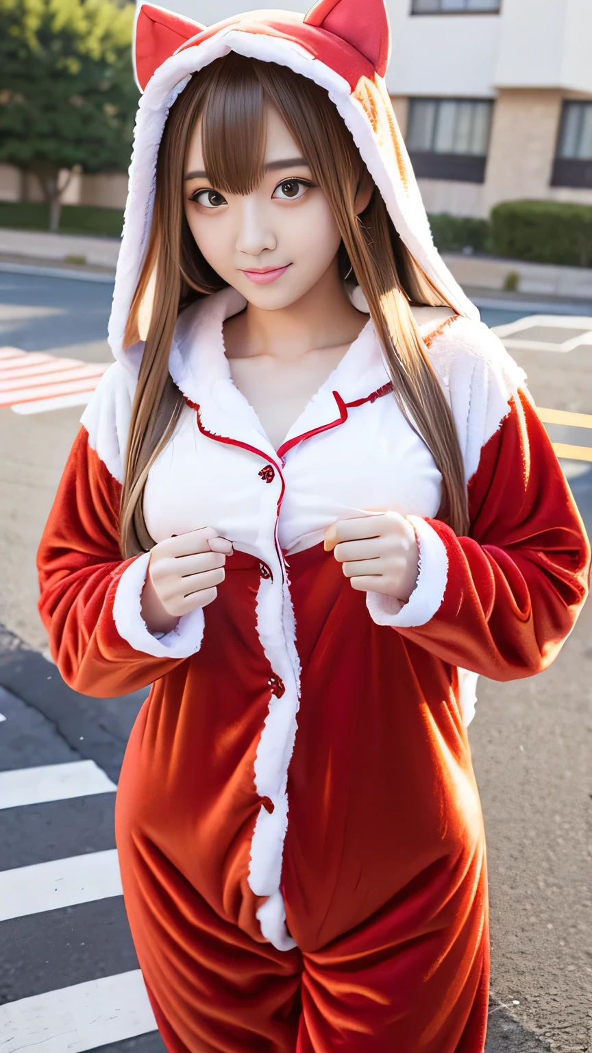 Kigurumi Costume Pajamas、Sexy Big 、A cute -yeld giwith a sexy and cute look, beautiful and sexy face、A strong wind blows my hair in front of my face、With straight blonde hair、beautiful, Cute and sexy eyes hidden behind long bangs、Costume pajamas