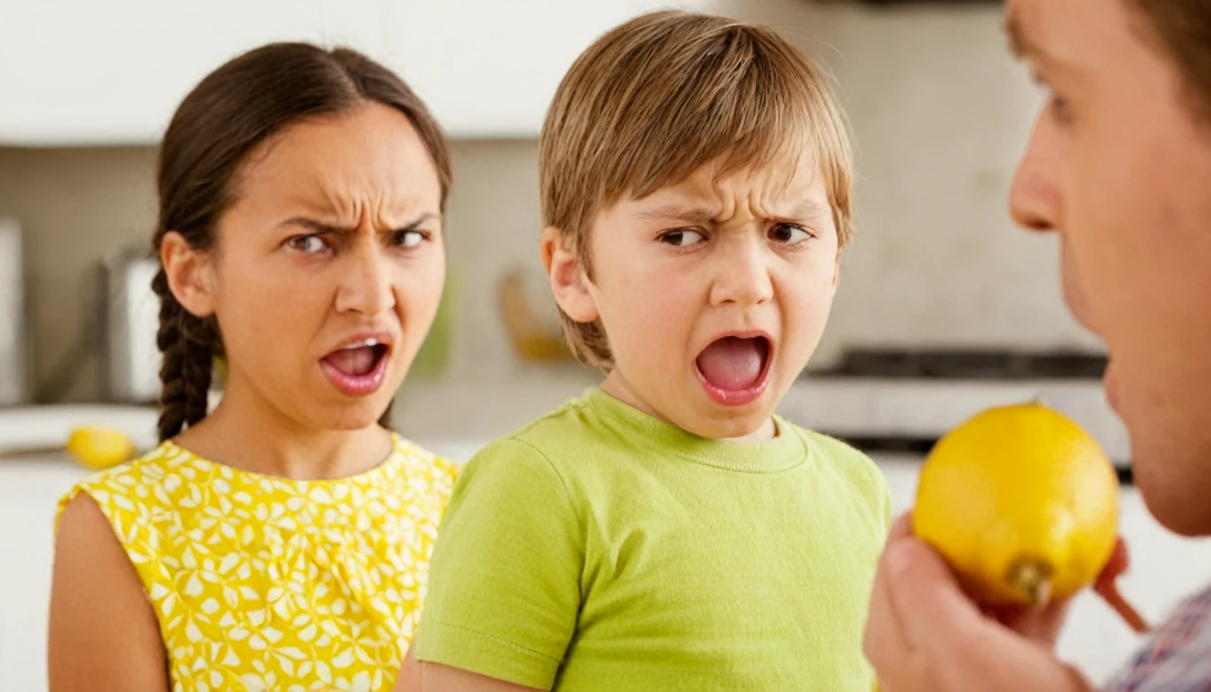 A little kid is making a disgusted face their parent stands just out of focus to the side holding a piece of lemon, comical