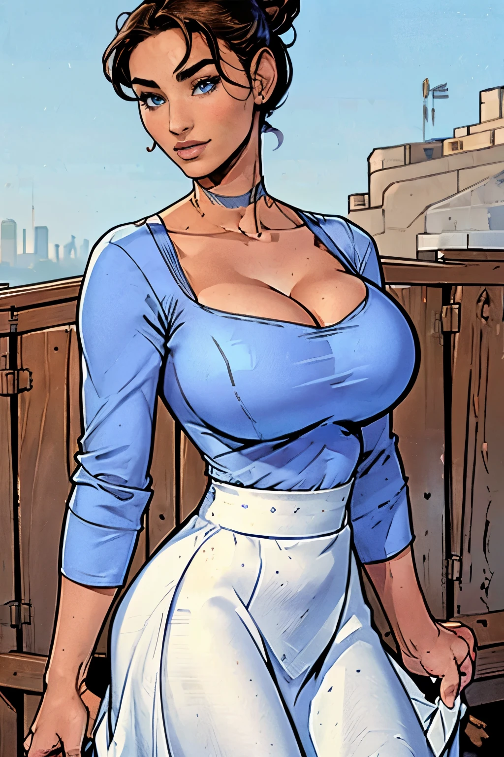 Gorgeous and sultry busty athletic (happy) brunette with sharp facial features, athletic bun, large breasts and a (large nose) wearing a loose light blue top, low-cut wide neck, loose sleeves, white skirt. (bra imprint)