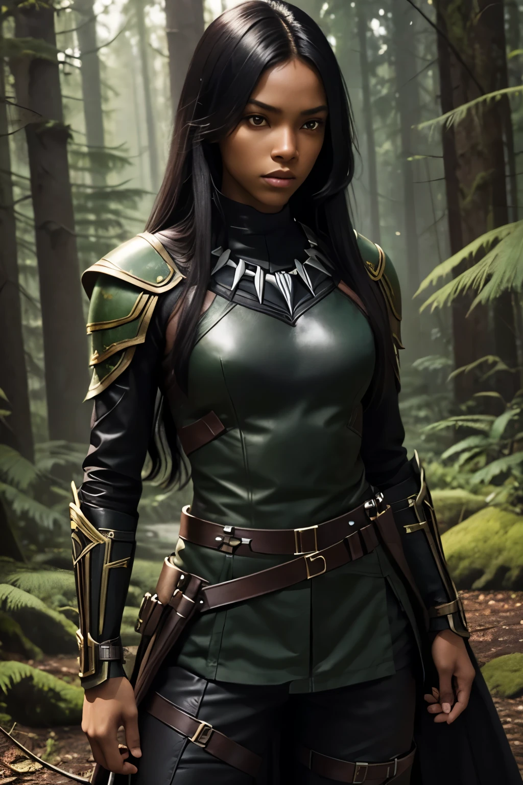 slim eighteen year old woman, long black hair, warrior, in forest, dark brown skin, brown and green clothing, leather armor, large belt with pouches, large black panther beside her
