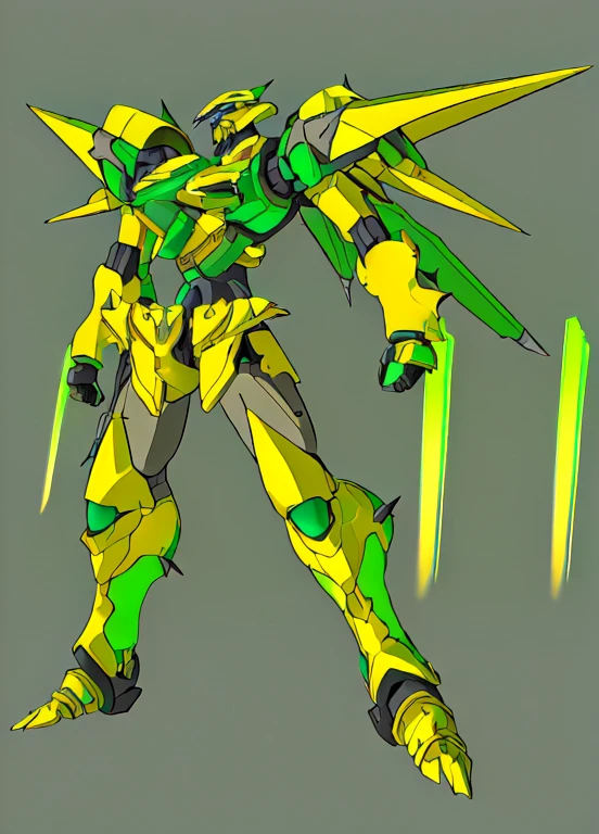 masterpiece, highest quality, Mecha, No humans, (Full body spikes), (green & yellow armor Mecha:1.5), (axial symmetry:1.4),(High resolution), (Cinematic Light:1.1), blue eyes, SF, fire, Laser cannon beam, war, Conflict,, Has very large spikes,Agave farm in the background,Real