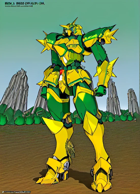 masterpiece, highest quality, Mecha, No humans, (Full body spikes), (green & yellow armor Mecha:1.5), (axial symmetry:1.4),(High resolution), (Cinematic Light:1.1), blue eyes, SF, fire, Laser cannon beam, war, Conflict,, Has very large spikes,Agave farm in the background,Real