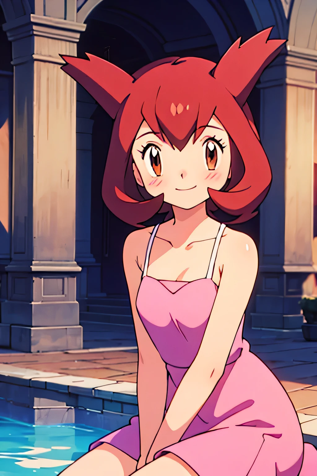1 girl, solo, Pokemon Heroes (Bianca), Brown Hair, brown eyes, bare shoulders, collarbone, Pink Camisole dress, blush, smile, ballroom, sitting on a fountain, columns, cowboy shot, facing viewer, absurdres, ultra detailed, masterpiece, best quality, Teenager, pokemovies, window of a purple sundown