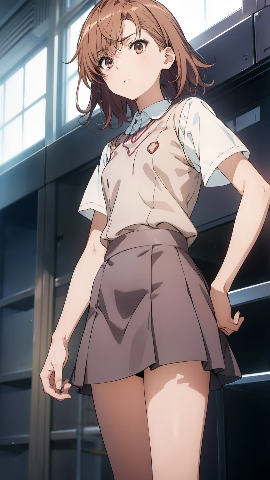 Misaka Mikoto ,Clear images、Brown Hair、Asymmetrical Belly Shorthair、hairpin、Tokiwadai  High School short sleeve uniform、School、Arms crossed、,
break masterpiece ,8k unity wallpaper,anime key visual,highest quality, High resolution,  (shape:0.8),anime coloring,highly detailed face, detailed eyes,growing eyes,shiny skin,fine skin,white skin,dense skin,detailed hair,highly detailed legs,perfect lighting, Detailed CG, (perfect hands, perfect anatomy),High resolution,(Detailed wear ),slender limbs, delicate curves, dainty hands,figure:0.8,