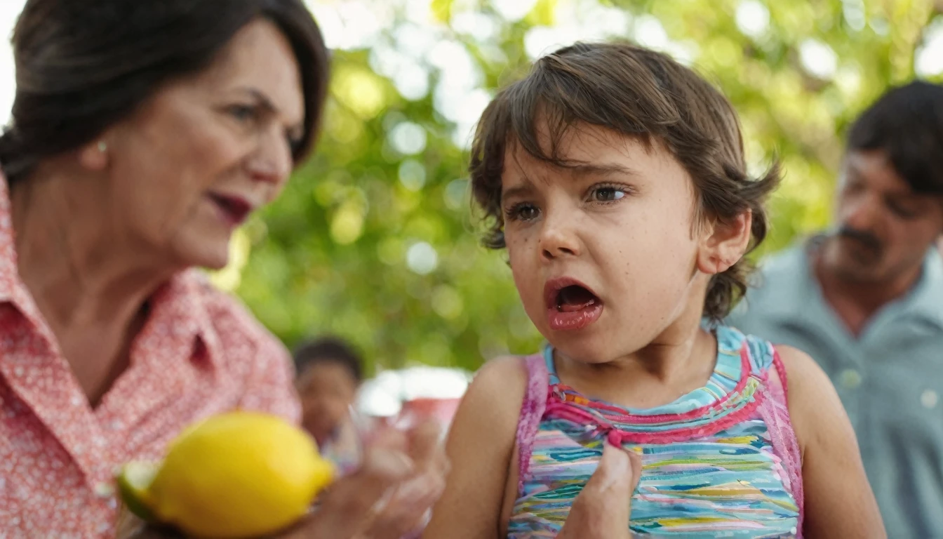 A little kid is making a disgusted face their parent stands just out of focus to the side holding a piece of lemon, comical