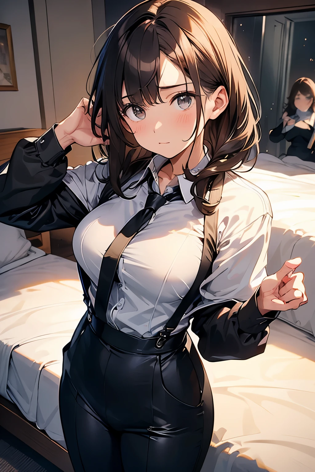 Brown Hair、Staring at the audience　　　Black suspenders　　　bulging big breasts　　 　 　　　wall: 　Black pantsuit　　　　　　sight　　　Small face　 　　　holster　　　Beautiful woman　　Show your hand　　 　sight 　　Taunt　side　sideSweat 　arm　Dress shirt　Black Suit　ベルト wall際　Put your hands up　Both hands above head　脇Sweat　On the bed　Sweat　summer　mask