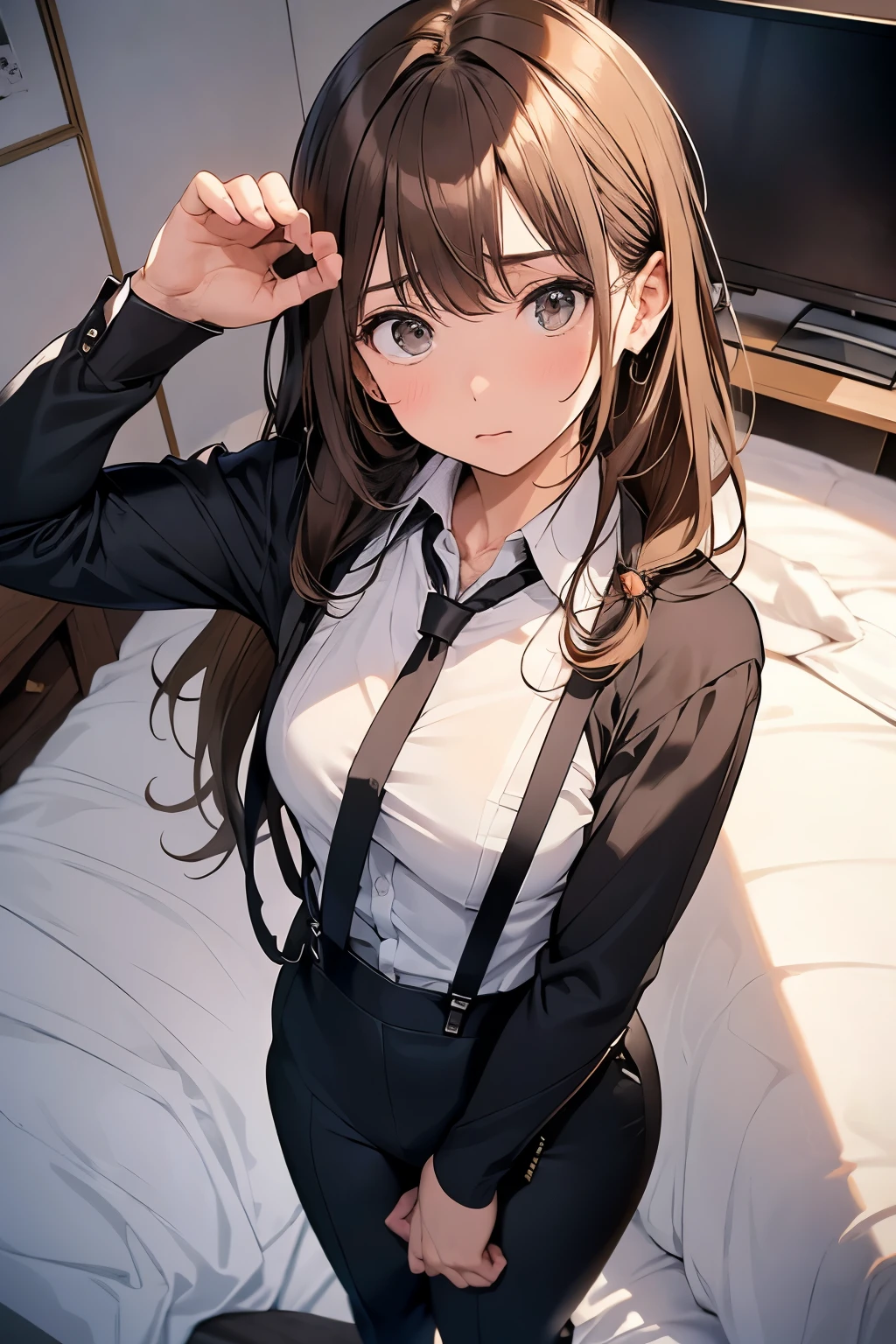 Brown Hair、Staring at the audience　　　Black suspenders　　　bulging big breasts　　 　 　　　wall: 　Black pantsuit　　　　　　sight　　　Small face　 　　　holster　　　Beautiful woman　　Show your hand　　 　sight 　　Taunt　side　sideSweat 　arm　Dress shirt　Black Suit　ベルト wall際　Put your hands up　Both hands above head　脇Sweat　On the bed　Sweat　summer　mask