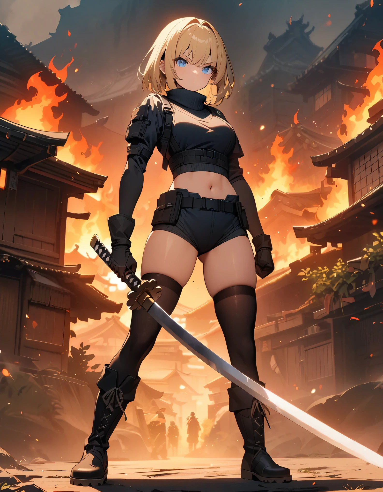 masterpiece, best quality, 1girl, blonde_hair, blue_eyes, boots,  long white overcloat, breasts, clenched hand, clenched hands, crop top, full body, gloves, knee boots, medium hair, medium breasts, midriff, navel, bob hair, solo, standing, thighhighs, turtleneck, black leotard, ninja, (holding a samurai sword, katana, glowing sword), burning japanese village backdrop, danger atmosphere, grim, stance, full body with costume