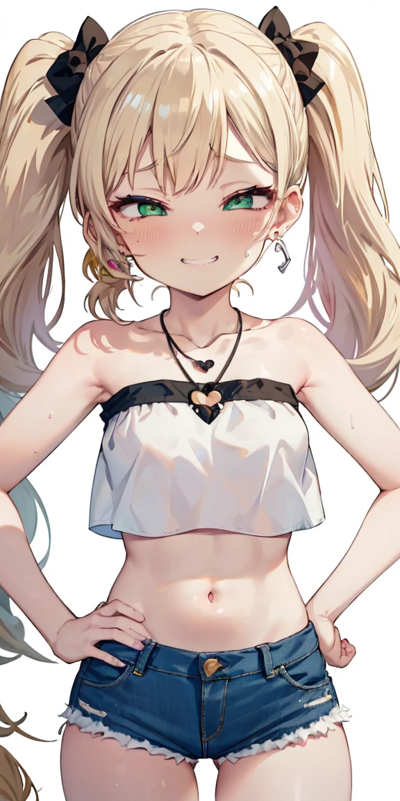 1 girl,heart-shaped pupils, hand on hips, blond hair, blonde hair, (((golden blond hair))), ((green eyes)), green colored eyes, long hair, (((long twintails))), Upper body, trembling, Sweat, Sweatdrop, heart, (speed line:1.1), ((Flat milk)), ((heavy breathing:1.3)), like, heart, mesugaki look, Yandere, ((jagged teeth)), small breasts, (((white crop top))), ((solid white crop top)), ((strapless)), midriff, ((short denim shorts)), cowboy shot, ((twin tails)), ((tsundere)), (((evil smile, mesugaki look, smile))), ((earrings)), ((silver necklace)), ((Pink bows)), simple white background, sleveless, adult,