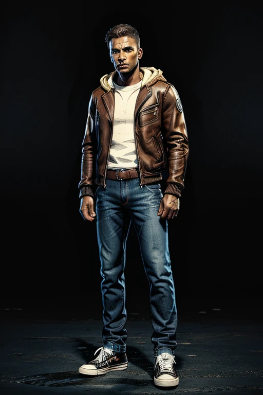 Man in hoodie brown leather jacket on top and darkened face cap and jeans and converse sneakers Heroic Presence Serious and strong pose Standing 