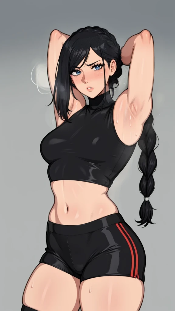 gym background、Super detailed illustrations、Super precise expression、masterpiece、highest quality、ultra high resolution、high resolution、(Sweat、body fluid)、shiny skin、black hair、braid hair、red eyes、black croptop turtleneck、sleeveless、Standing picture、hot pants、put hands behind head, armpits, armpits visible, sweaty armpits, small breasts