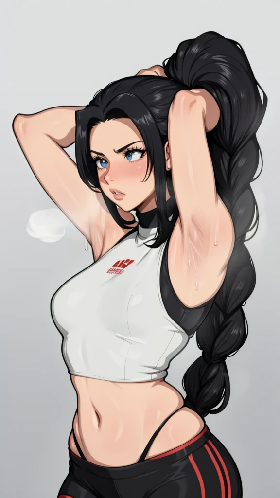 gym background、Super detailed illustrations、Super precise expression、masterpiece、highest quality、ultra high resolution、high resolution、(Sweat、body fluid)、shiny skin、black hair、braid hair、red eyes、black croptop turtleneck、sleeveless、Standing picture、hot pants、put hands behind head, armpits, armpits visible, sweaty armpits, small breasts