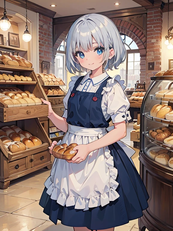 masterpiece, highest quality, Very detailed, 16k, Ultra-high resolution, 12-year-old girl, Detailed face, smile, blue eyes, Silver Hair, short hair, White apron, France, bakery, Inside the store, There are countless breads around, Carrying bread with both hands